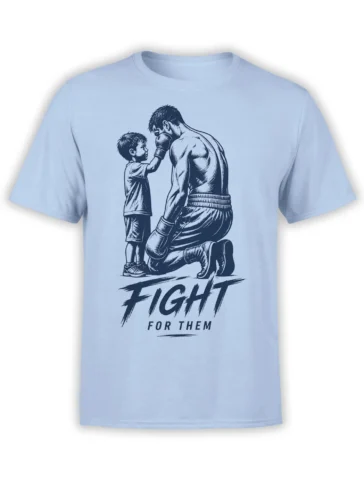 Light blue boxing T-shirt with a kneeling fighter meeting a child’s glove and “FIGHT FOR THEM” lettering