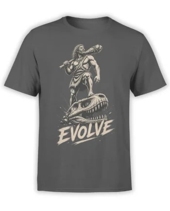 Gray T-shirt with a prehistoric warrior, dinosaur skull, club, and bold EVOLVE lettering