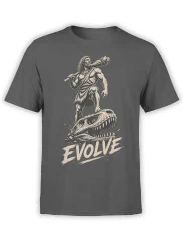 Gray T-shirt with a prehistoric warrior, dinosaur skull, club, and bold EVOLVE lettering