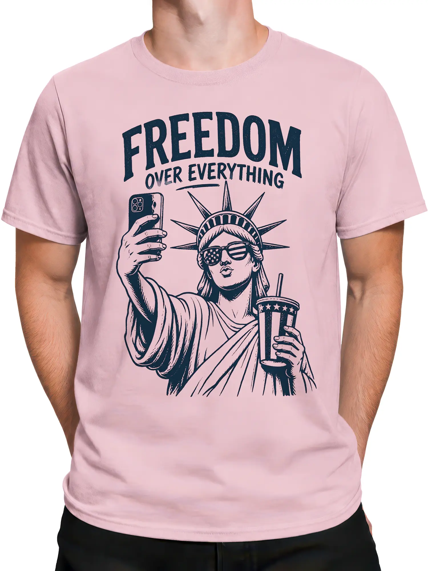 Male torso wearing a pink Statue of Liberty T-shirt with Freedom Over Everything graphic