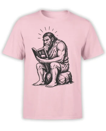 Thoughtful prehistoric caveman reading an open book on a pink book lover T-shirt