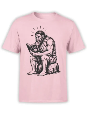 Thoughtful prehistoric caveman reading an open book on a pink book lover T-shirt