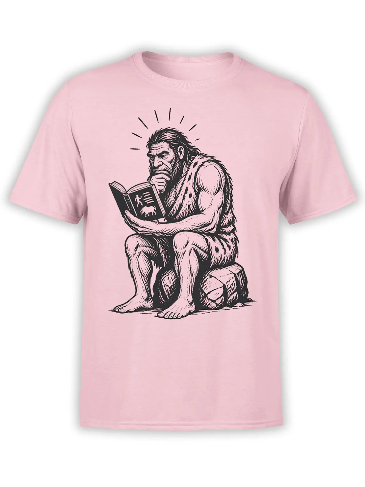 Thoughtful prehistoric caveman reading an open book on a pink book lover T-shirt