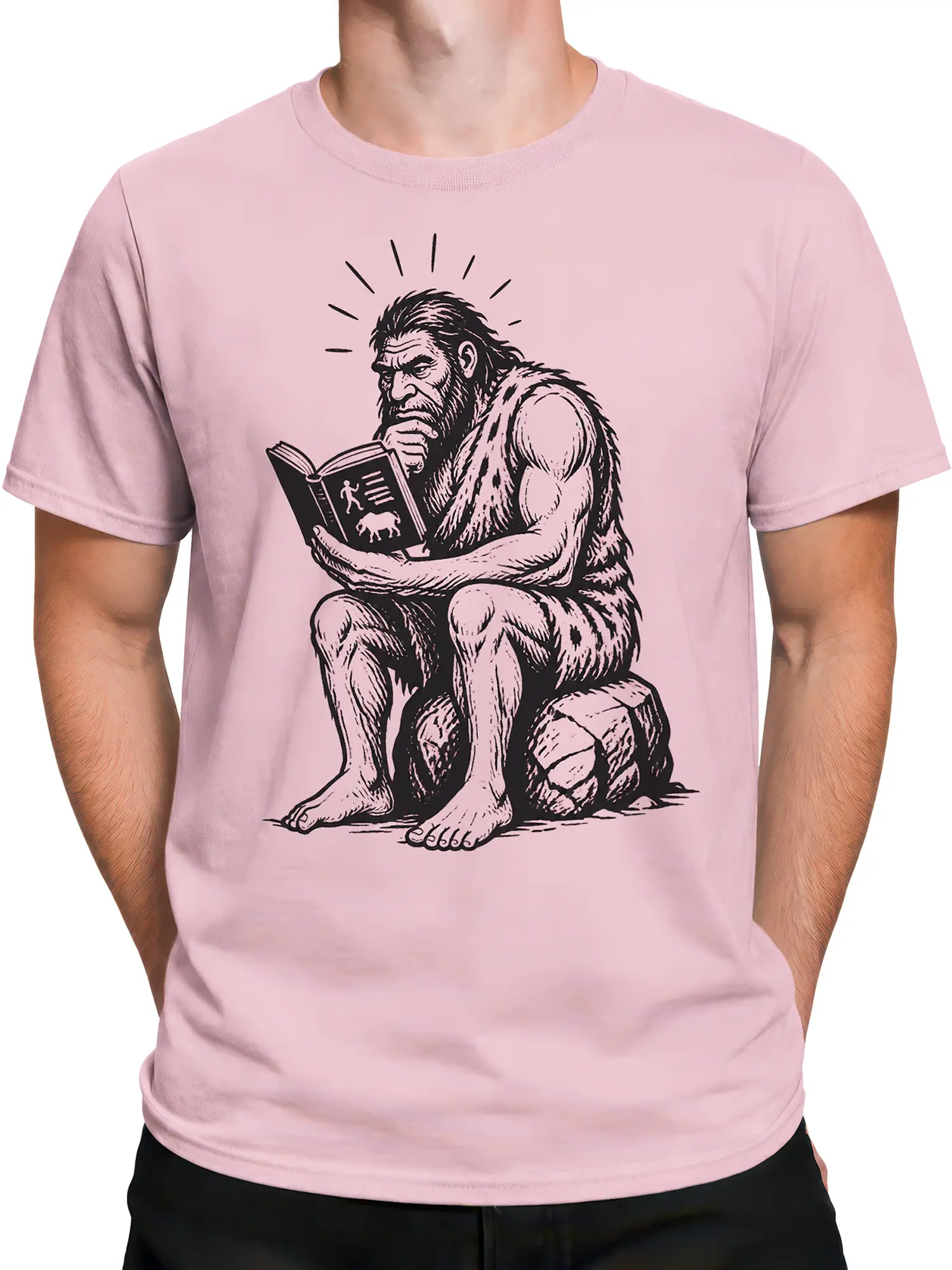 Male torso wearing a pink caveman reader T-shirt with vintage book artwork