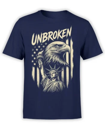 Navy patriotic eagle T-shirt with liberty figure, torch, stars, stripes, and bold Unbroken lettering