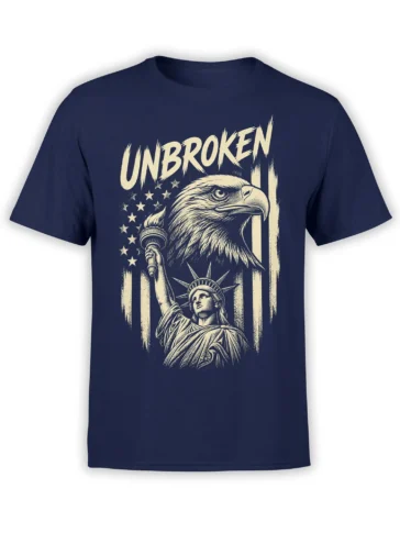 Navy patriotic eagle T-shirt with liberty figure, torch, stars, stripes, and bold Unbroken lettering