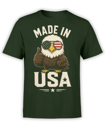 Vintage eagle wearing American flag sunglasses and giving a thumbs-up on a dark green Made in USA T-shirt