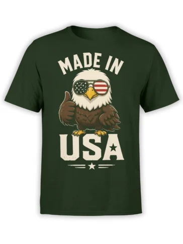 Vintage eagle wearing American flag sunglasses and giving a thumbs-up on a dark green Made in USA T-shirt