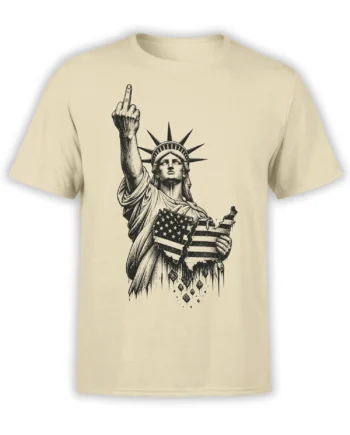 Distressed Statue of Liberty holding an American flag and raising a middle finger on a beige T-shirt