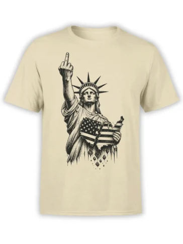 Distressed Statue of Liberty holding an American flag and raising a middle finger on a beige T-shirt