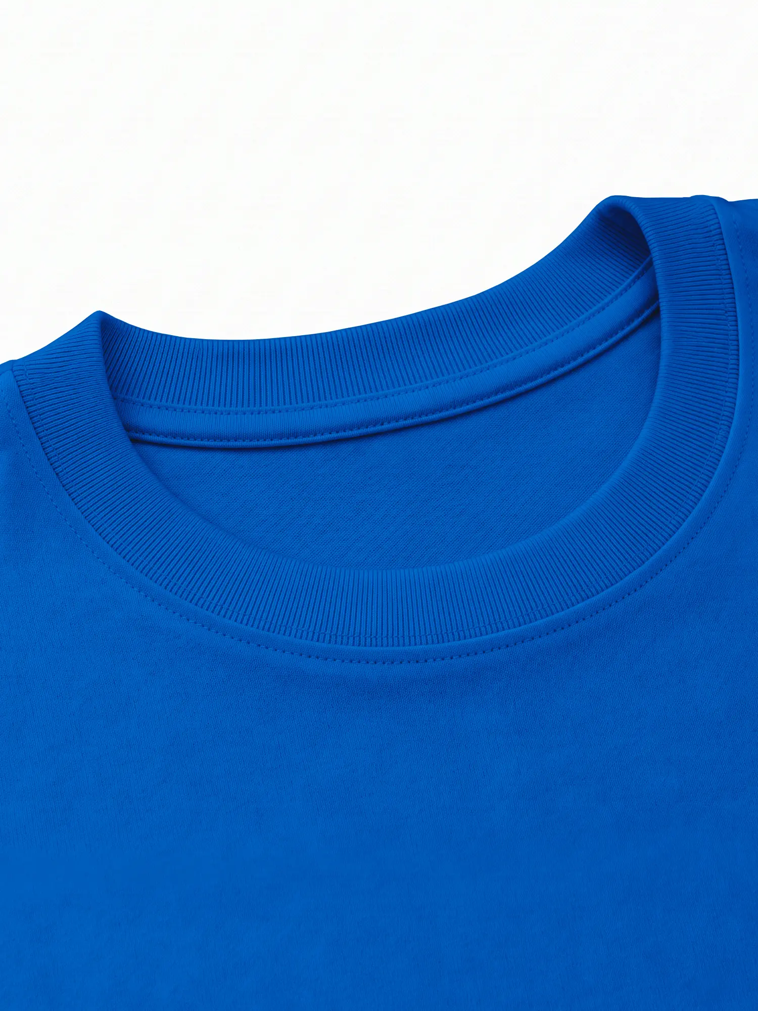Blue cotton T-shirt collar and neckline shown in close-up with clean ribbed fabric