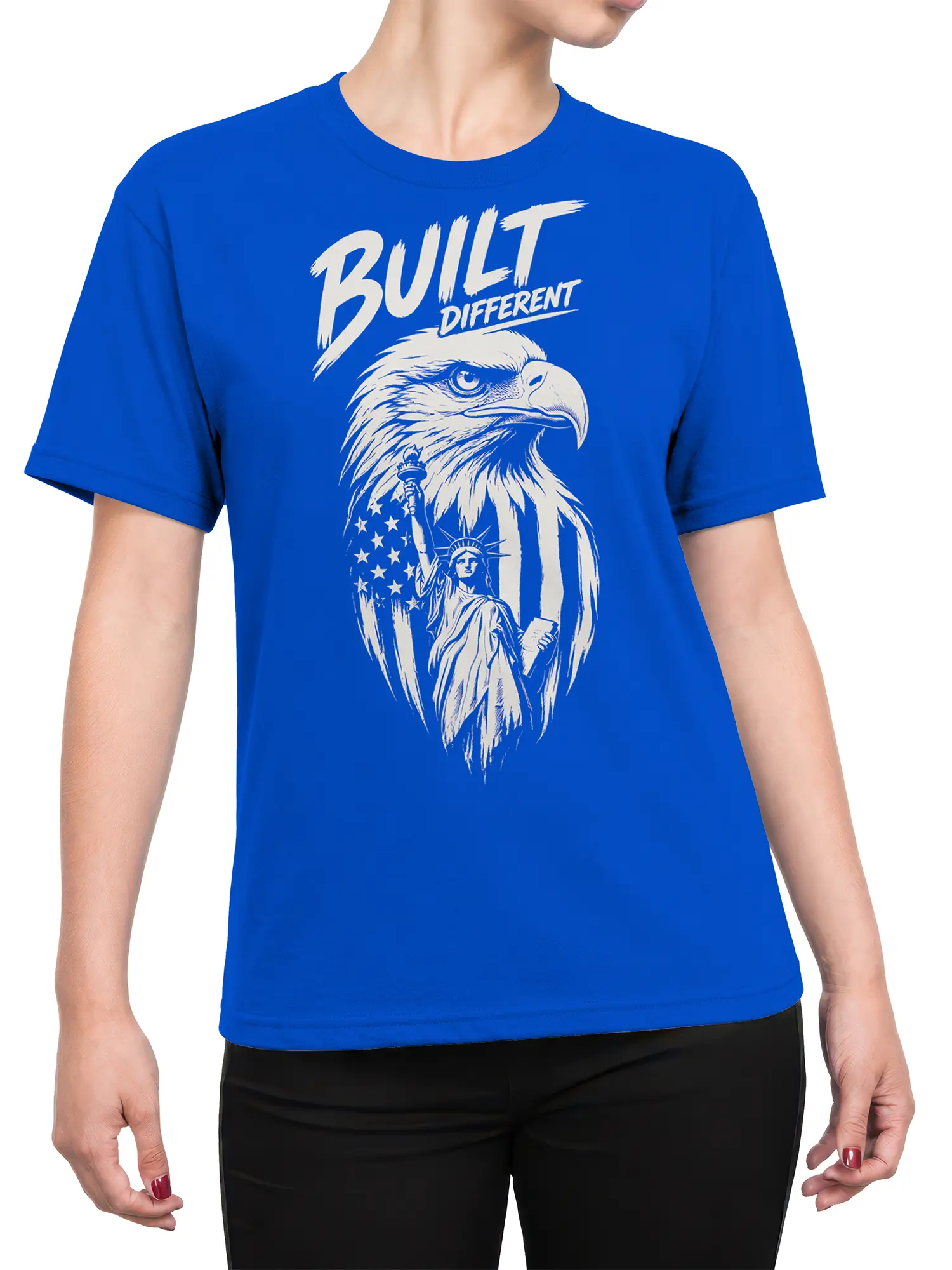 Female torso wearing a blue T-shirt with a white patriotic eagle and Built Different graphic