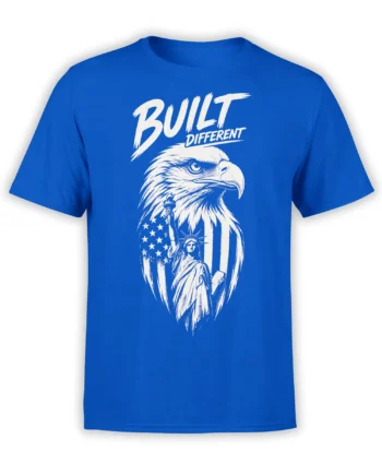 White patriotic eagle graphic with flag stars, liberty figure, and Built Different text on a blue T-shirt