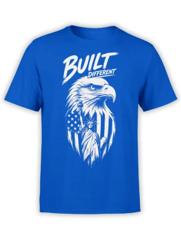 White patriotic eagle graphic with flag stars, liberty figure, and Built Different text on a blue T-shirt
