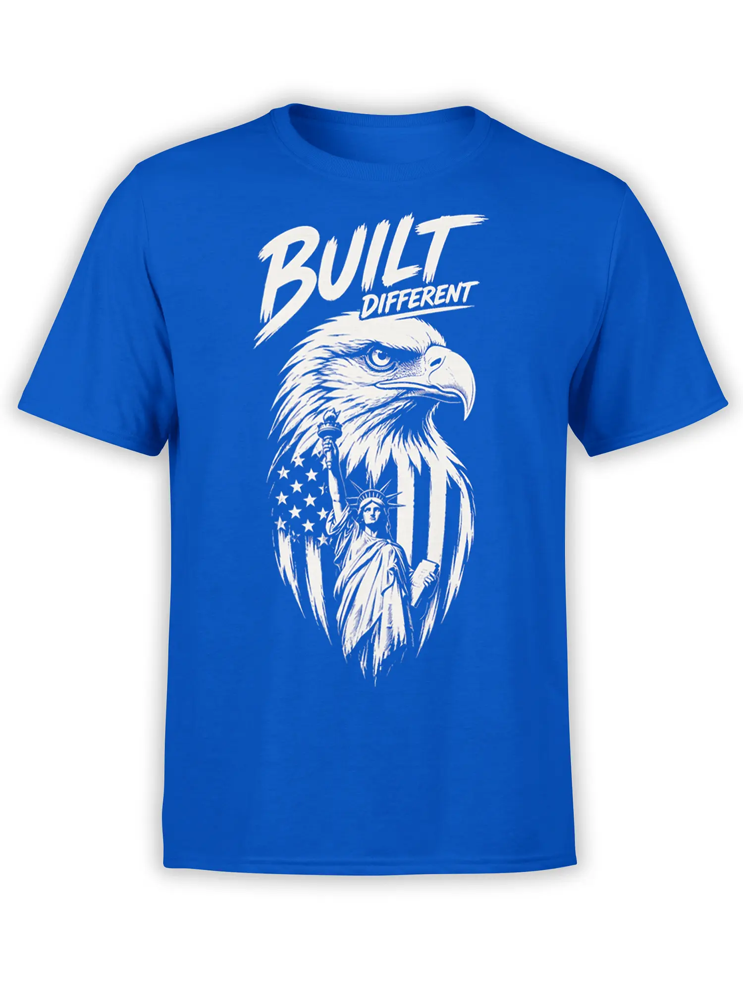 White patriotic eagle graphic with flag stars, liberty figure, and Built Different text on a blue T-shirt