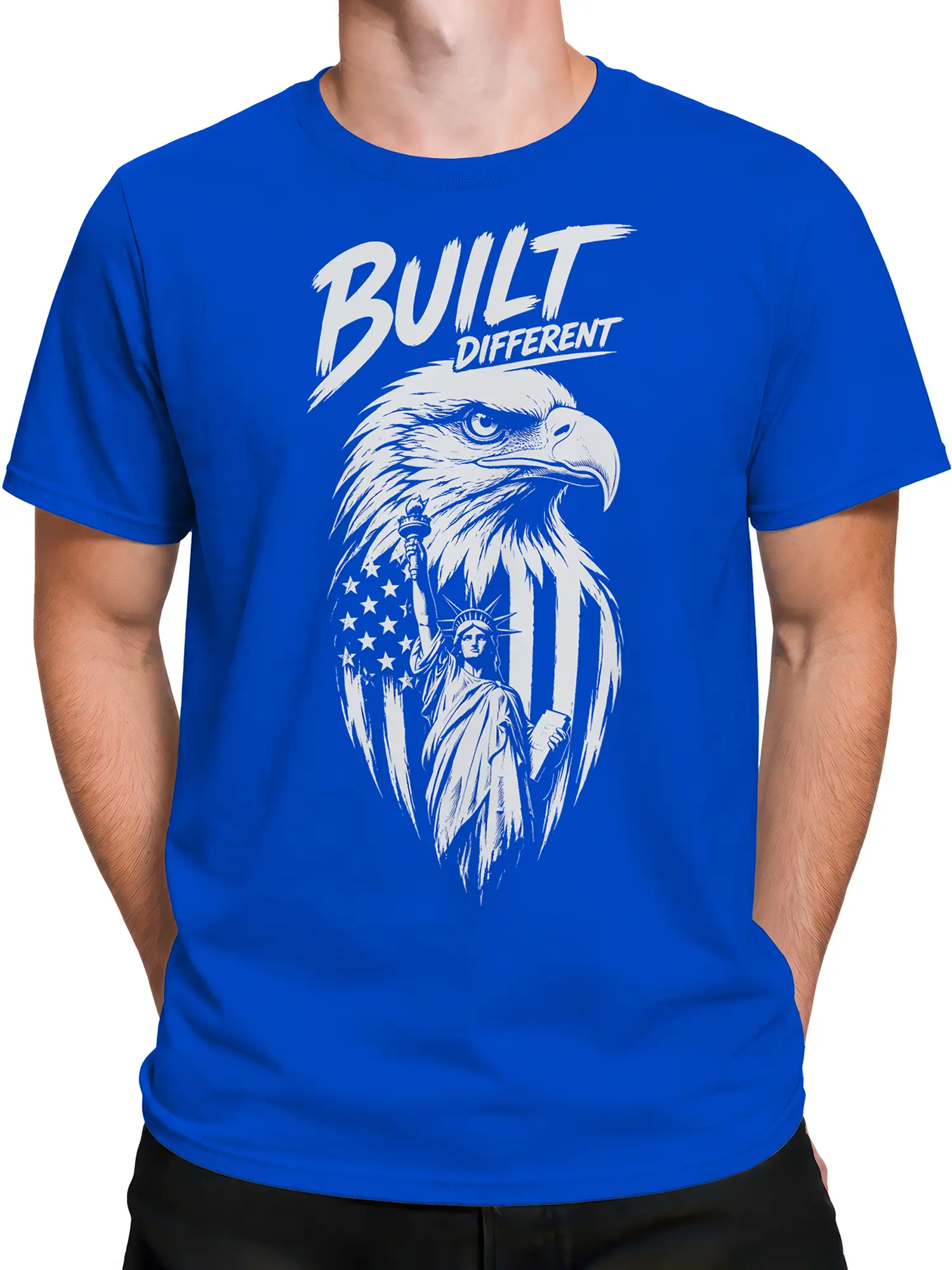 Male torso wearing a blue patriotic eagle T-shirt with white flag details and Built Different text