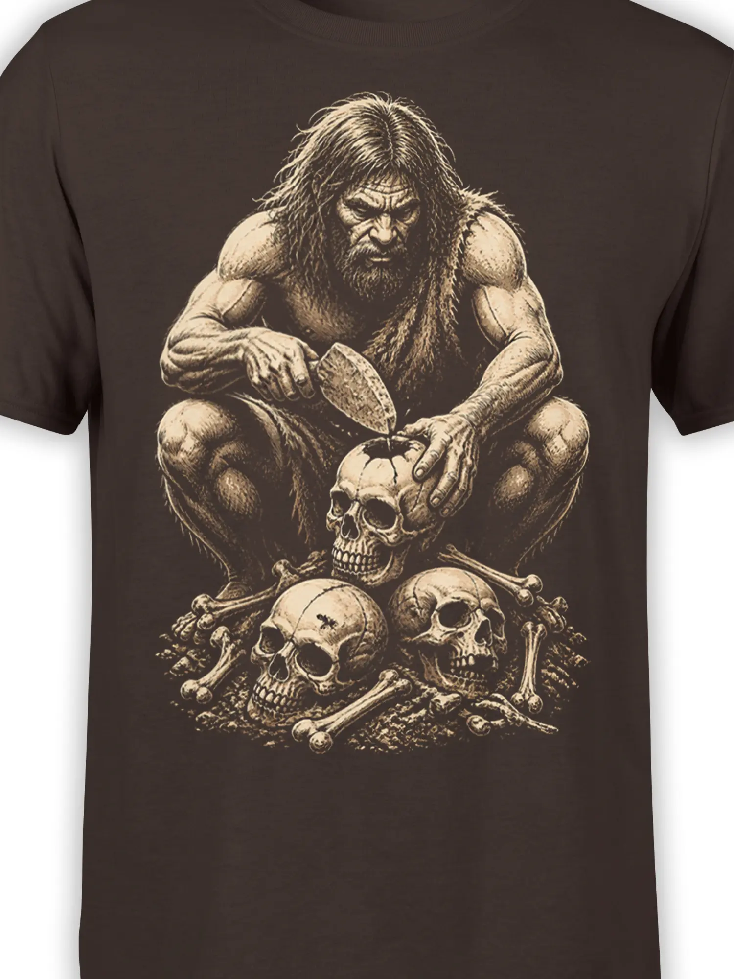 Close-up of the bearded warrior, skulls, and bones in sepia artwork on a dark brown shirt