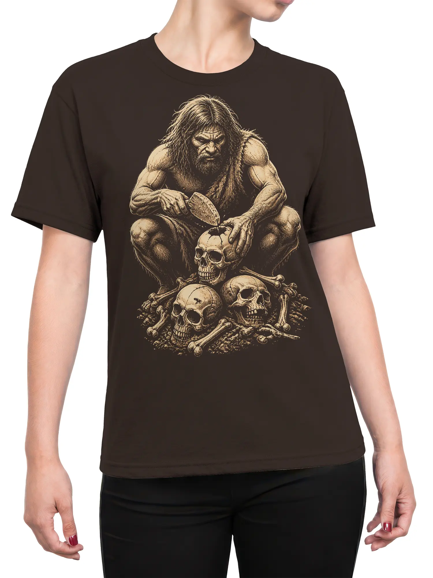 Female torso wearing a dark brown T-shirt with a sepia warrior, skulls, and bones design