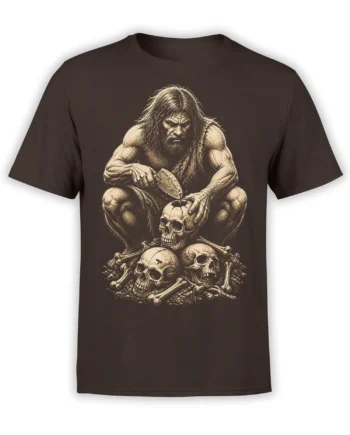 Sepia warrior seated above skulls and bones on a dark brown vintage graphic T-shirt