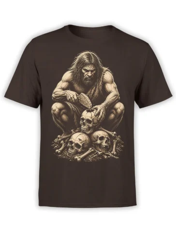 Sepia warrior seated above skulls and bones on a dark brown vintage graphic T-shirt