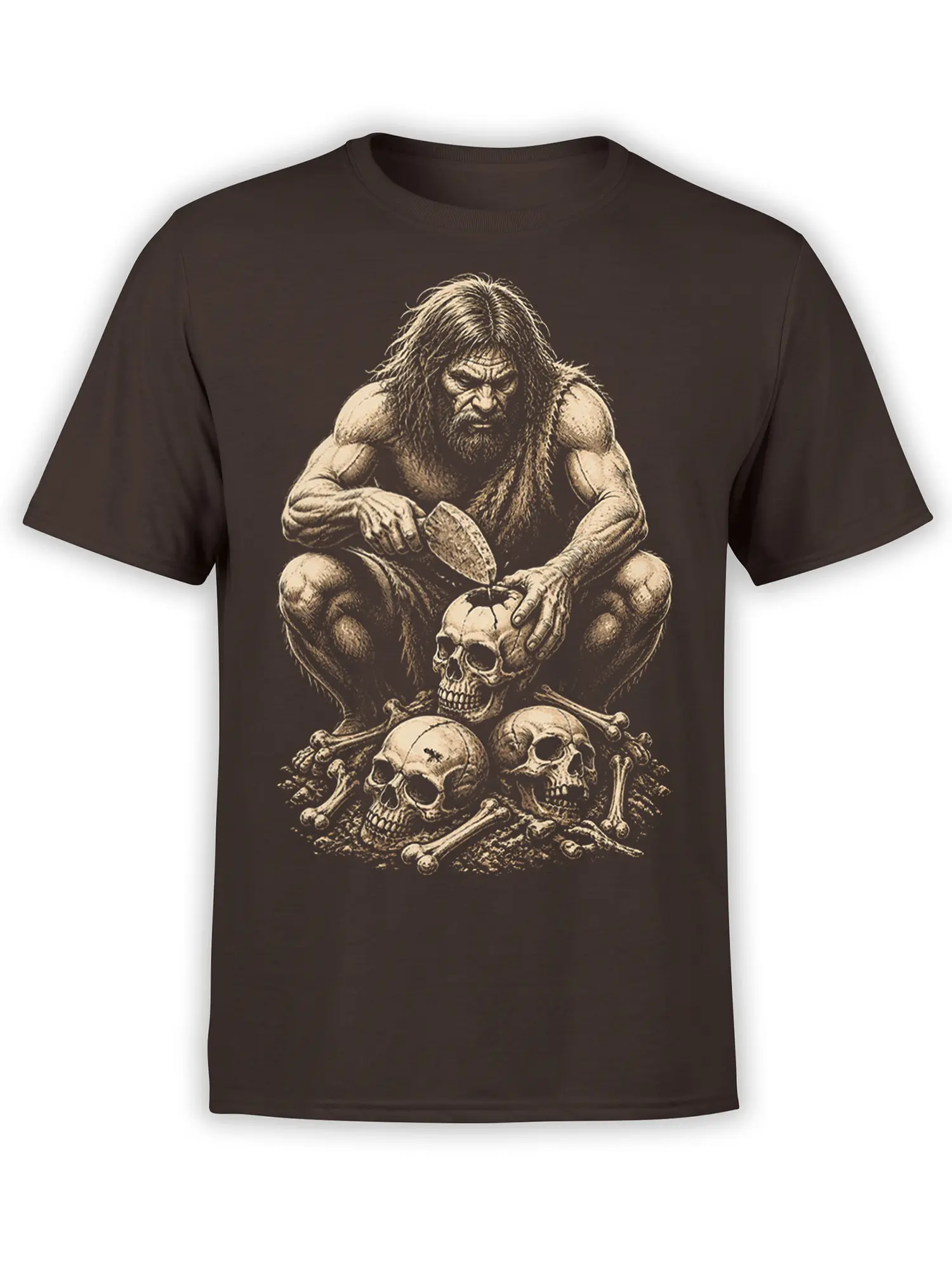 Sepia warrior seated above skulls and bones on a dark brown vintage graphic T-shirt