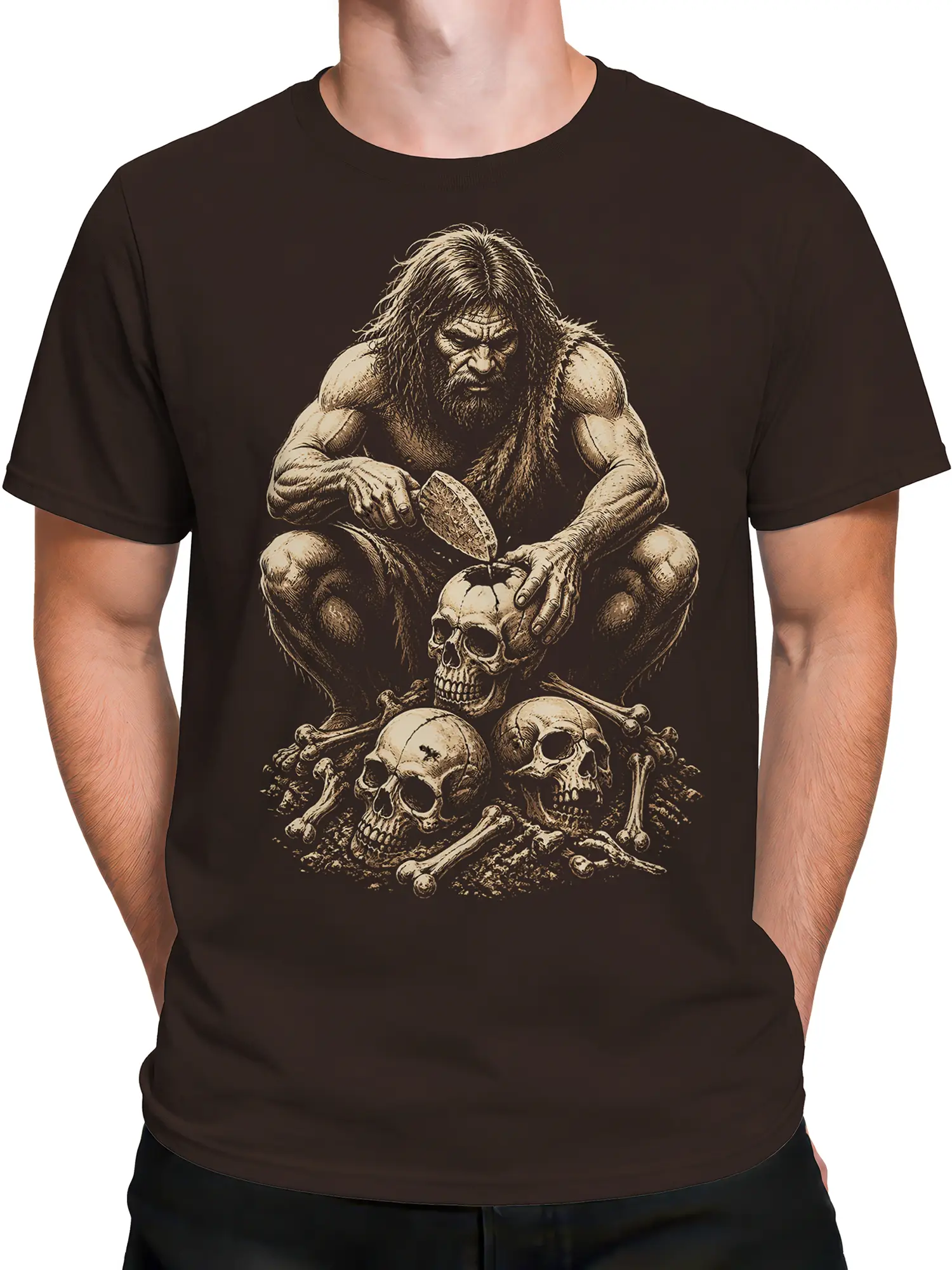 Male torso wearing a dark brown T-shirt with vintage warrior skull artwork