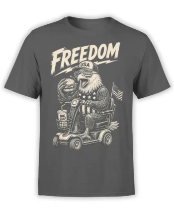 Vintage patriotic eagle T-shirt in gray with freedom lettering, American flag, burger, soda, and mobility scooter design