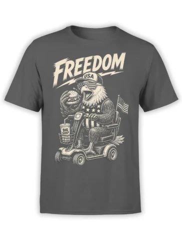 Vintage patriotic eagle T-shirt in gray with freedom lettering, American flag, burger, soda, and mobility scooter design