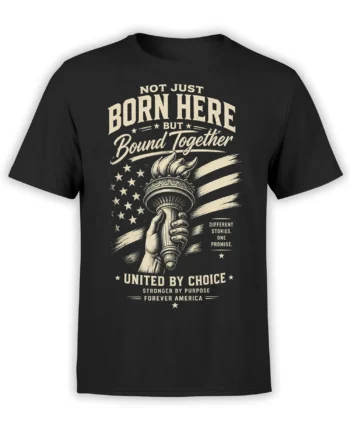 Black patriotic T-shirt with cream torch, stars, stripes, and “United by Choice” vintage lettering