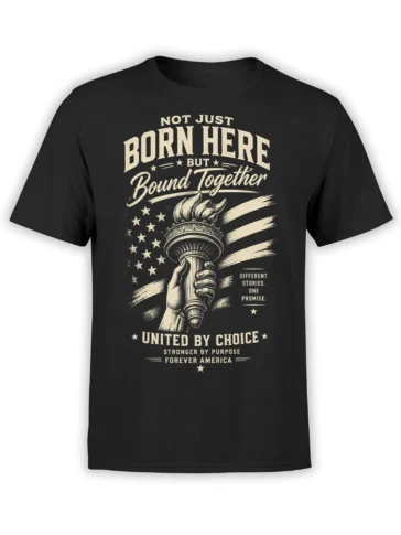 Black patriotic T-shirt with cream torch, stars, stripes, and “United by Choice” vintage lettering