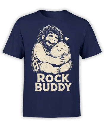 Bigfoot hugging a rock with “ROCK BUDDY” text on a navy T-shirt