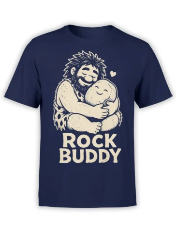 Bigfoot hugging a rock with “ROCK BUDDY” text on a navy T-shirt