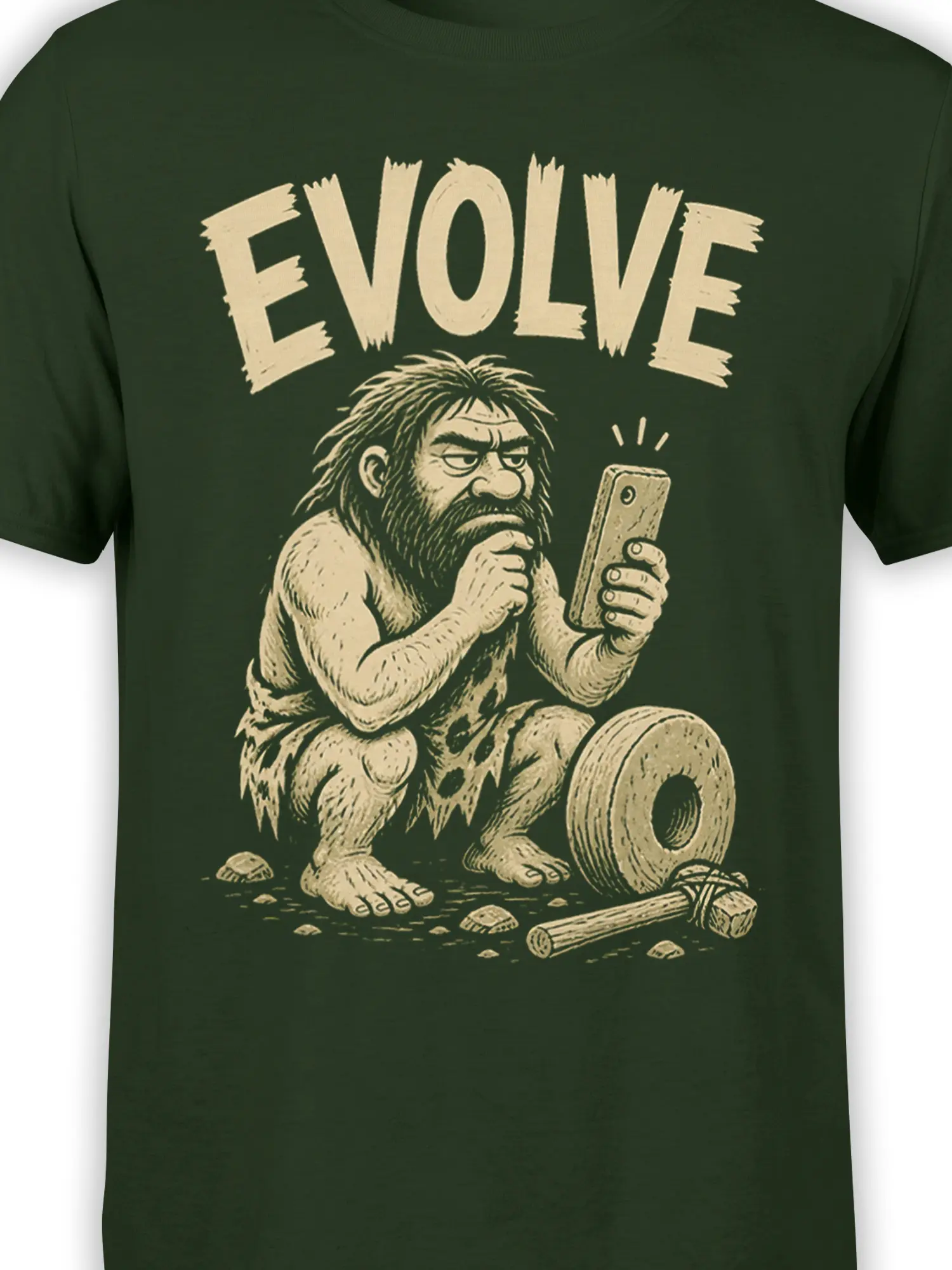 Close-up of the cream EVOLVE text and bearded caveman holding a smartphone on a dark green shirt