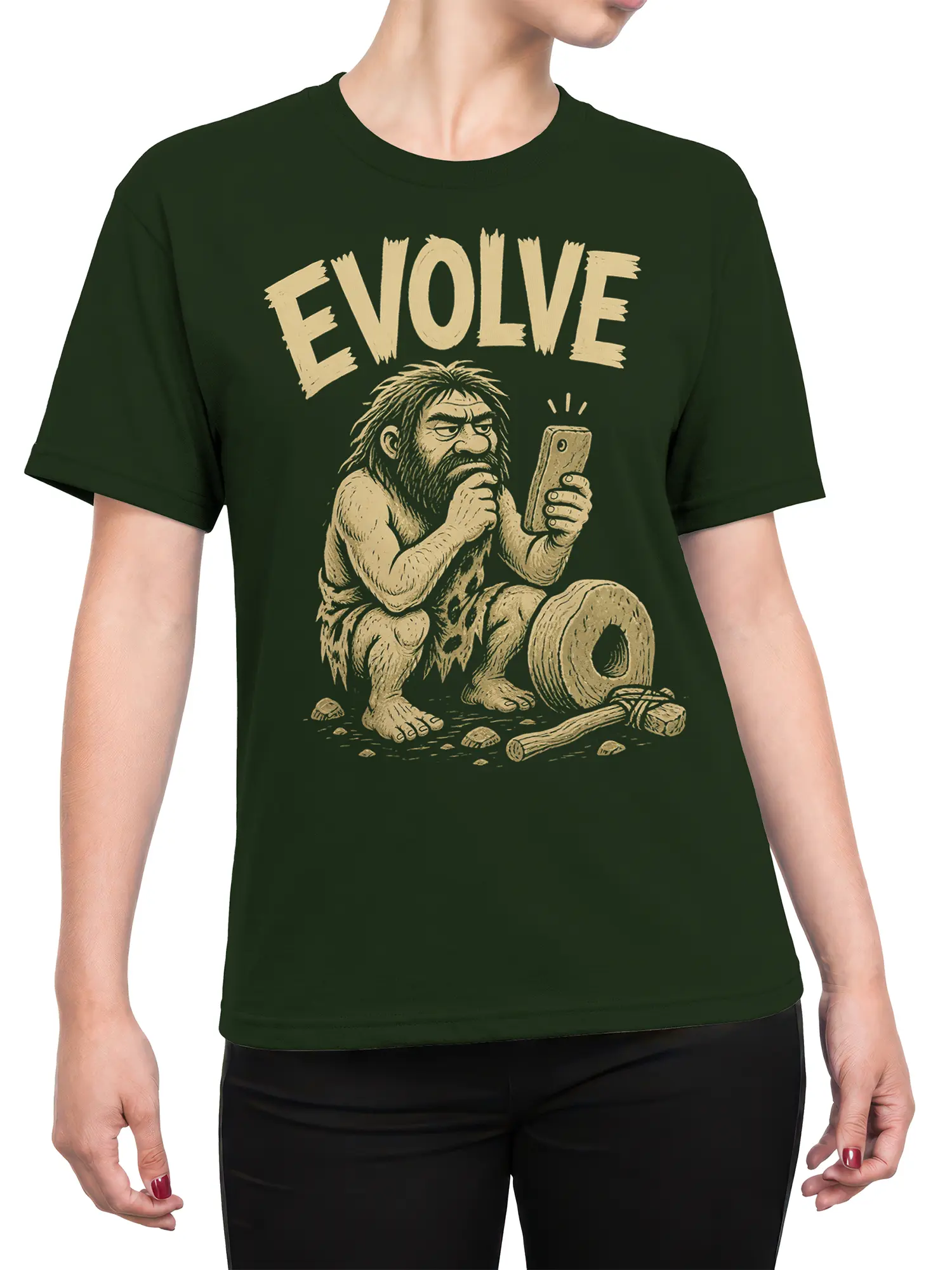 Female torso wearing a dark green caveman evolution T-shirt with cream vintage artwork and smartphone design