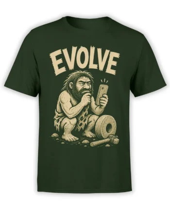 Dark green T-shirt with a cream EVOLVE caveman illustration, smartphone, stone wheel, and hammer