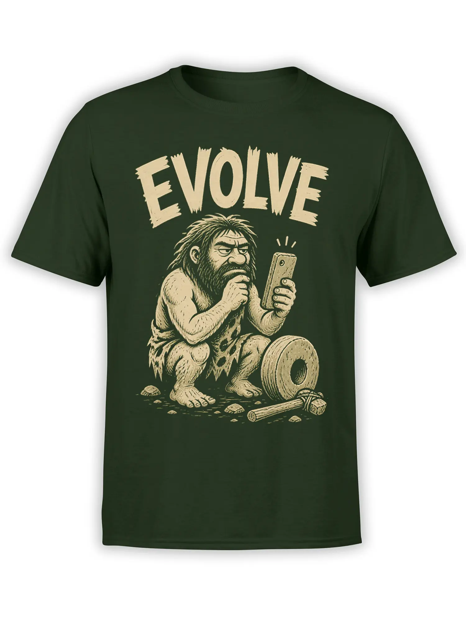Dark green T-shirt with a cream EVOLVE caveman illustration, smartphone, stone wheel, and hammer