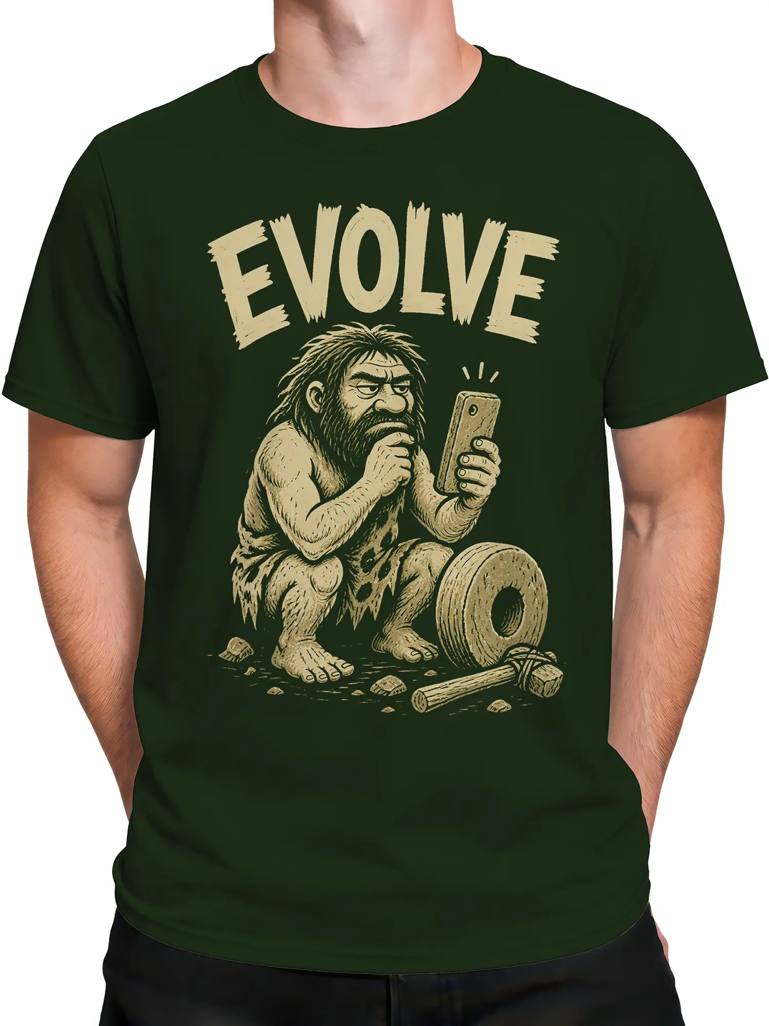 Male torso wearing a dark green evolution caveman T-shirt with cream lettering and vintage prehistoric illustration