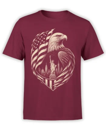 Vintage bald eagle graphic with American flag, Statue of Liberty, and city skyline on a burgundy T-shirt
