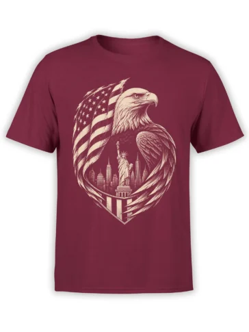 Vintage bald eagle graphic with American flag, Statue of Liberty, and city skyline on a burgundy T-shirt