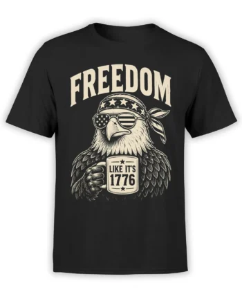 Vintage patriotic eagle wearing star-spangled sunglasses and a bandana on a black Freedom 1776 T-shirt