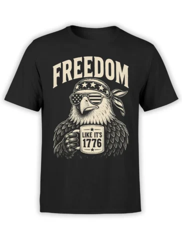 Vintage patriotic eagle wearing star-spangled sunglasses and a bandana on a black Freedom 1776 T-shirt