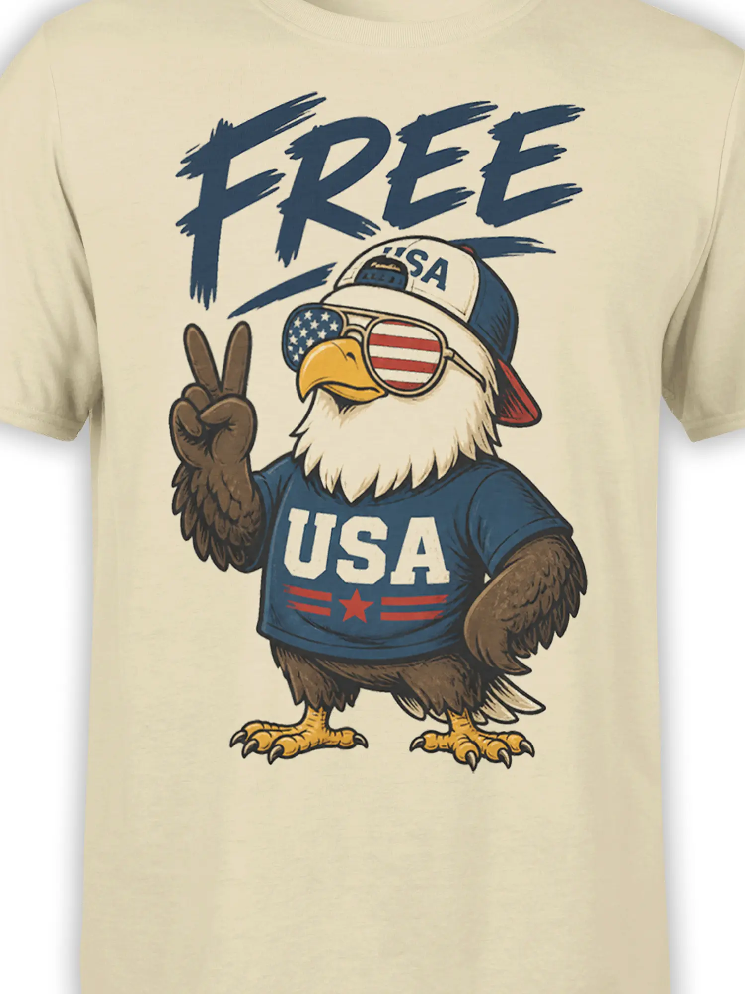 Close-up of bald eagle graphic with USA shirt, flag sunglasses, peace sign, and FREE lettering on beige cotton