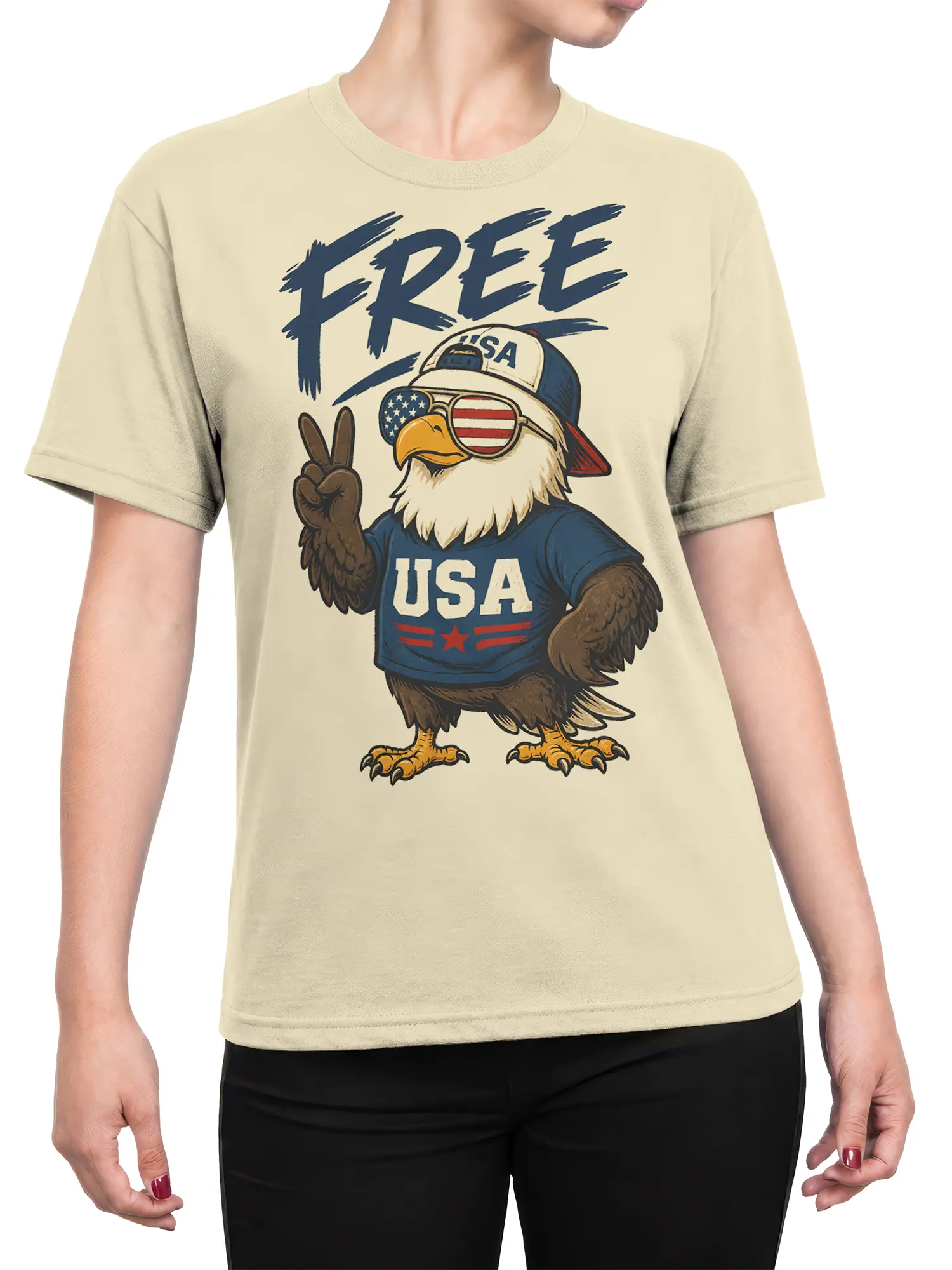 Female torso wearing a beige eagle T-shirt with USA graphics, flag sunglasses, peace sign, and vintage FREE lettering
