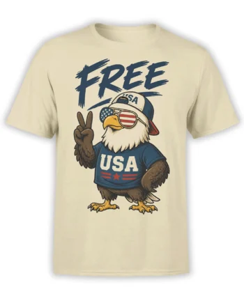 Vintage bald eagle T-shirt on beige fabric with flag sunglasses, USA cap, peace sign, and bold FREE lettering