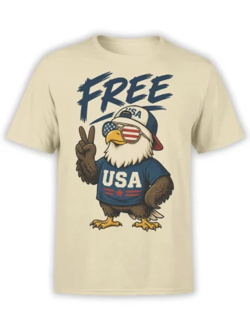 Vintage bald eagle T-shirt on beige fabric with flag sunglasses, USA cap, peace sign, and bold FREE lettering