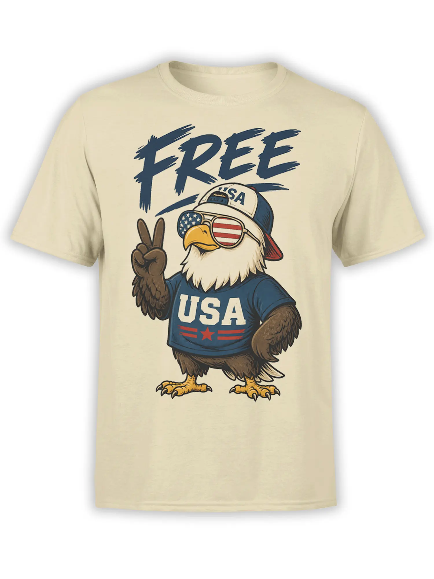 Vintage bald eagle T-shirt on beige fabric with flag sunglasses, USA cap, peace sign, and bold FREE lettering