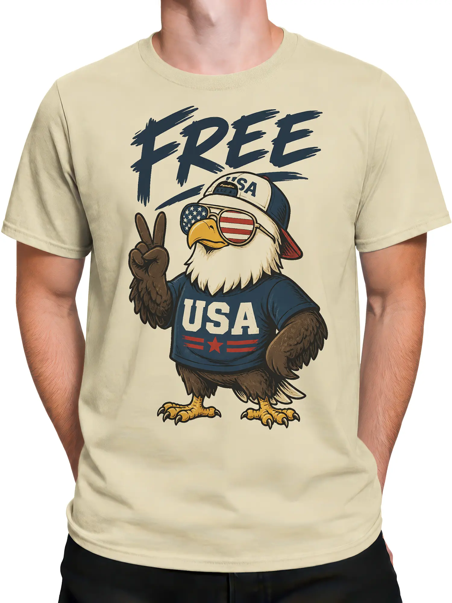 Male torso wearing a beige vintage eagle T-shirt with USA shirt, flag sunglasses, peace sign, and FREE design