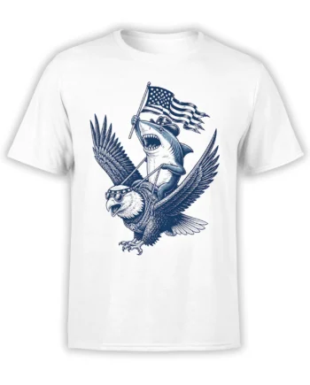 White T-shirt with a vintage navy shark riding an eagle and holding an American flag