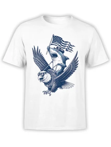 White T-shirt with a vintage navy shark riding an eagle and holding an American flag