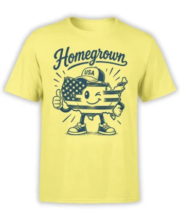 Yellow USA patriotic T-shirt with a smiling map character, stars, USA cap, and Homegrown lettering